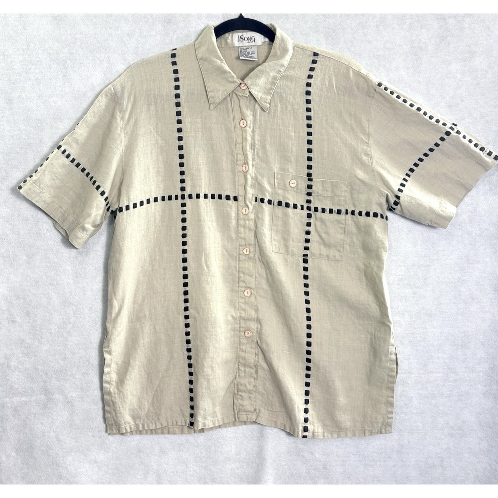 JSONG Women Linen Short Sleeve  Button Front‎ Shirt Sz 10 Beige Casual Work 76-9